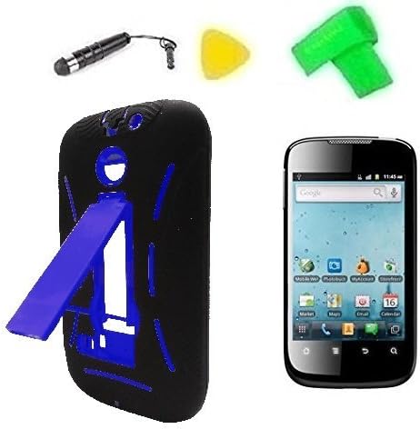 Heavy Duty Hybrid Phone Cover Case Cell Phone Accessory + Extreme Band + Stylus Pen + LCD Screen Protector + Yellow Pry Tool For Net10 Straight Talk Huawei Ascend II M865C / Huawei Summit U8651S / Huawei Astro c8650 / Huawei T-Mobile Prism 1 U8651 (Black/Blue)