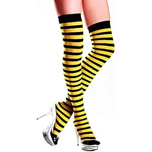 Be Wicked Women's Nylon Striped Black and Yellow Thigh High, Yellow/Black, One Size