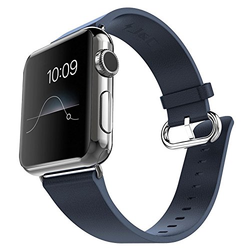 J&D Tech Modern Series Leather Wrist Replacement Band with Metal Clasp Adapter for Apple Watch, 42mm, Blue