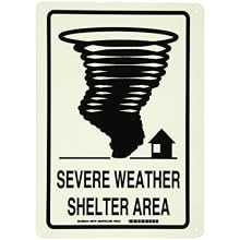Brady Black On Green Color Glow-In-The-Dark Exit And Directional Sign, Legend "Severe Weather Shelter Area (With Tornado Picto)"