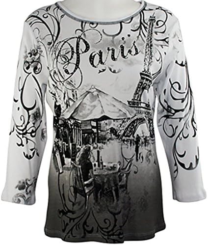 Cactus Fashion - Paris, 3/4 Sleeve, Scoop Neck Cotton Print Rhinestone Top