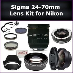 Sigma 24-70mm f/2.8 IF EX DG HSM Autofocus Lens Kit for Nikon AF Includes: Sigma 24-70mm Lens, Sigma 1.4x DG EX APO Teleconverter, 0.45X Wide Angle Lens, 2X Telephoto Lens, Lens Cap, Lens Hood, Lens Cap Keeper, 3 Piece Filter Kit (UV-FLD-CPL) and Microfiber Cleaning Cloth