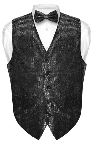 Men's SEQUIN Design Dress Vest & Bow Tie BLACK Color BOWTie Set for Suit Tux