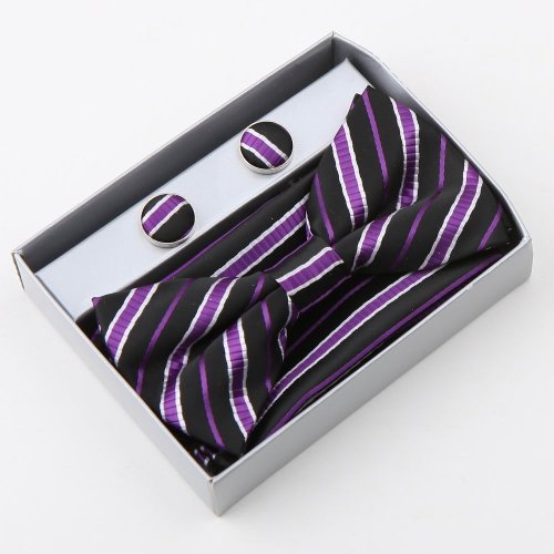 Black Stripes Silk Pre-tied Bow tie, Cufflinks,Handkerchiefs Gift Box Set Black bowtie for marriage Pointe BT2047