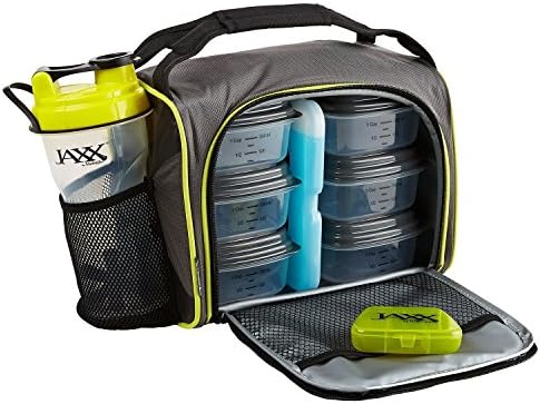 Jaxx FitPak with Portion Control Container Set, Reusable Ice Pack, and Shaker Cup (Black Yellow)
