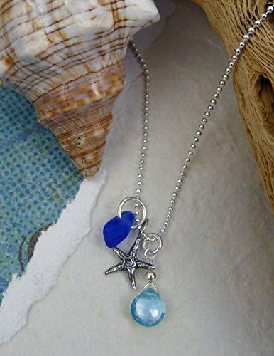 Beach Memories Necklace, Cobalt Blue Sea Glass, Topaz, and Starfish, 18-inch