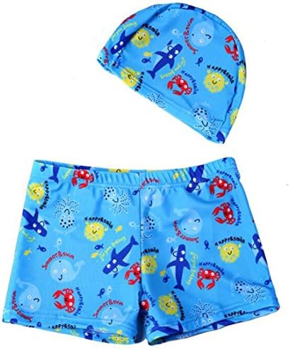 Boys Swimming Trunks Tight Seaside Swim Boxer Shorts with Cap (S, blue)