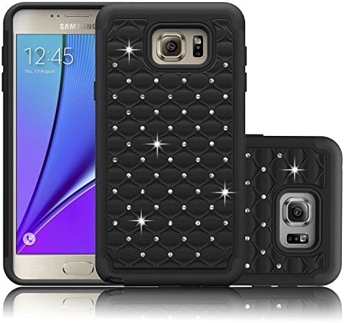 galaxy note 5 case, Generic Studded Rhinestone Crystal Bling Diamond [Heavy Duty]Hybrid Rugged Impact Armor Defender Case Cover Combo Layer For Samsung Note 5 (Black)