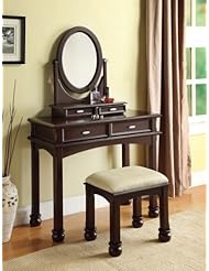 Amherst 3 pc espresso finish wood make up dressing table vanity set with stool and oval mirror