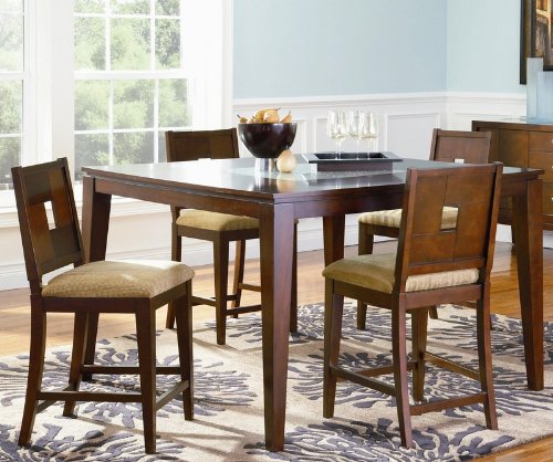 5pc Counter Height Dining Set Cracked Glass Top Cappuccino Finish