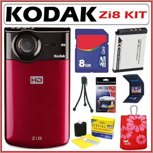 Kodak Zi8 Raspberry Zi8 High Definition Pocket Digital Video Camera with SD/ SDHC Slot and 2.5-inch LCD in Rasberry + 8GB Deluxe Accessory Kit