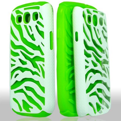 White Green Zebra Dual Flex Hard Hybrid Gel Case Cover For Samsung Galaxy S3 i9300 AT&T, T-Mobile, Sprint, Verizon