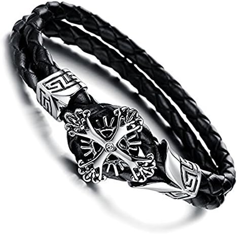 Neroy Jewelry Shop Jewelry Double Layers Black Genuine Leather Bracelet Mens Cross Leather Wrap Bracelet Stainless Steel Clasp ,11mm ,9.05 Inch