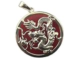 Red Jade Dragon's Fury Pendant with Solid Bezel, 14k Gold
