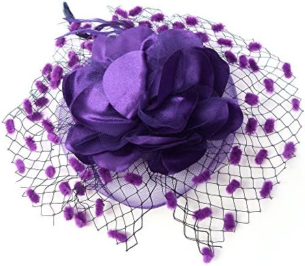 Gothic Dinner Tea Party Feather Fascinator Mini Veil Cocktail Hat - Purple