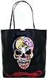 Ed Hardy Large Bon Skull Design Snakeskin Tote Bag - Black