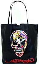 Ed Hardy Large Bon Skull Design Snakeskin Tote Bag - Black