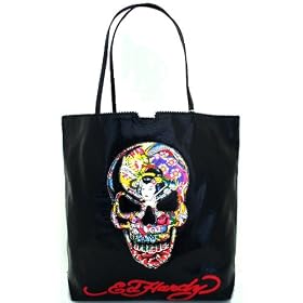 Ed Hardy Large Bon Skull Design Snakeskin Tote Bag - Black