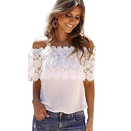 Doinshop Loose Women Off Shoulder Tops Lace Crochet Blouse Shirt Tee