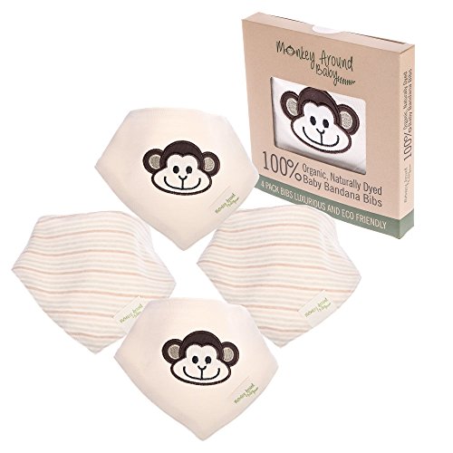 Super Soft 100% Organic Natural Cotton 'Monkey Around Baby' Bandana Drool Bibs with Snaps for Girl or Boy - Reversible Set of 4 - Premium Unisex Baby Shower Gift Set - Handkerchief Baby Bib Bandanas