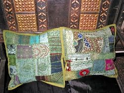 2 Sari Pillow Cover Cases Shabby Green Embroidery Cushion Covers