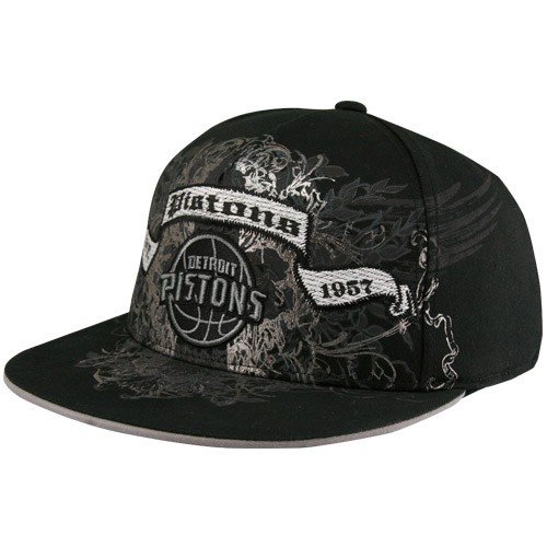 adidas Detroit Pistons Black Flat Visor Banner Flex Fit Hat (Small/Medium)