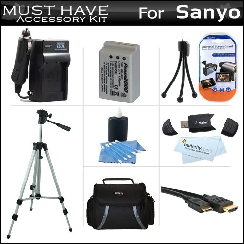 Best Price Must Have Accessory Kit For Sanyo VPC-SH1 High Definition Camcorder Includes Extended (1300Mah) Replacement DB-L90AU Battery + AC/DC Travel Charger + Deluxe Case + Tripod + Mini HDMI Cable + USB 2.0 SD Reader + Much More