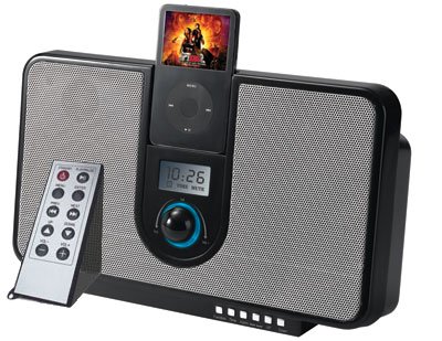 Childrens Toyshop  Third Party New : Ipod Nano / Ipod Video / Ipod Photo / Ipod Touch / Iphone / Ipod Classic / Ipod Mini / Ipod Shuffle Black Speaker system / remote control / radio alarm clock / sync and charge dock
