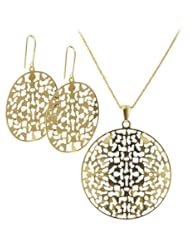 Yellow Gold over Sterling Silver Filigree Round Earrings and Pendant 17 inch Chain Necklace Set