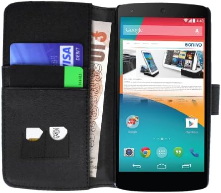 LG NEXUS 5 Premium Wallet Case with Integrated Stand , Auto Sleep / Wake / Standby Sensors , Magnetic Quick Release Cover , plus dedicated slots for Cash , Credit Cards , and also includes special SIM Card Holders - BLACK Leather Effect Wallet Cover designed by SONiVO® exclusively for LG / GOOGLE NEXUS 5 SmartPhone (2013 Model)