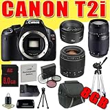 Canon EOS Rebel T2i 18 MP CMOS APS-C Digital SLR Camera w/ Tamron AF 28-80mm + Tamron 75-300mm + Canon 50mm f/1.8 Lenses Wide Angle / Tele Lenses LPE8 Battery/Charger Filter Kit Tripod 8GB DavisMAX 5 Lens Bundle