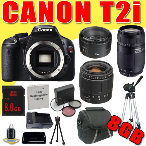 Canon EOS Rebel T2i 18 MP CMOS APS-C Digital SLR Camera w/ Tamron AF 28-80mm + Tamron 75-300mm + Canon 50mm f/1.8 Lenses Wide Angle / Tele Lenses LPE8 Battery/Charger Filter Kit Tripod 8GB DavisMAX 5 Lens Bundle