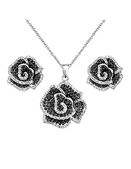 .925 Sterling Silver Rhodium Plated Contrast CZ Blooming Flower Earrings and Pendant-Necklace Set with 1.2mm Cable Rolo Chain - 16"+1" Inches Extension