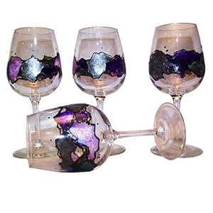 ArtisanStreet's Wine Glasses. Set Of 4. Hand Painted in Purple, Green, Opal & Pewter.