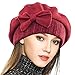 VECRY Lady French Beret 100% Wool Beret Floral Dress Beanie Winter Hat (Bow-Claret)