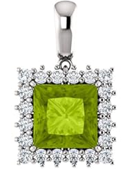 14K White Gold 8.00x8.00mm Princess Cut Peridot and Diamond Pendant -- LIFETIME WARRANTY