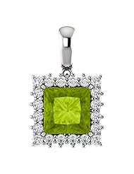 10K White Gold 8.00x8.00mm Princess Cut Peridot and Diamond Pendant -- LIFETIME WARRANTY