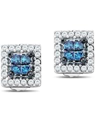 14K White Gold Princess Cut Blue and White Diamond - Square Princess Shape Halo Invisible & Channel Set Studs Earrings with Secure Screw Back Closure - (1/3 cttw.)