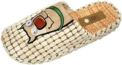 Men's Corduroy W/ Dog Embroidery Slippers, Indoor Home house shoes (S, Beige)