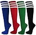 COUVER Premium Quality White Striped Knee High Fashion Casual Tube Cotton Socks (1 Pair) (Medium, Carolina Blue/Dark Orange/Carolina Blue)