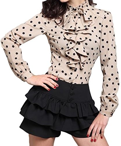 Evion Women's Slim Casual Business Top Lotus Ruffle Dot Shirts Blouses