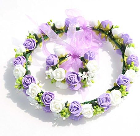 Festival Girls Bride EVA Foam Rose Flowers Crown Fairy Garland Artificial Berry Flower Girl Headpiece Headband and Wristband Set Floral Halo Circlet Wedding Hair Accessories Bridal Headwear for Bridesmaid (Purple)