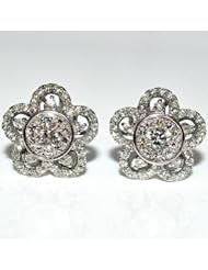 Vintage 1.45ct Diamond Earrings 14K White Gold Flower large Solitaire Centr New