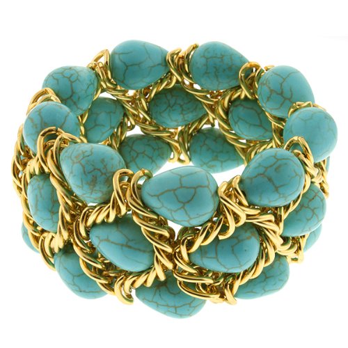 uoise 7" Triple Strands Simulated TurqBead & Gold ColorMesh Loop Strech Bracelet