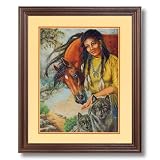 Native American Indian Girl With Wolf Horse # 2 Home Decor Wall Picture Cherry Framed Art Print