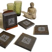 Kanji Symbols Slate Coasters Set - "Earth, Wind, Fire, Water", Set of 4