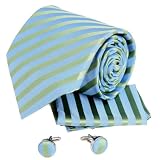 Y & G gr&uuml;n gestreifte Blue Herren-Accessoires aus Seide Hals Manschettenkn&ouml;pfe Taschentuch Krawatte Set H5061