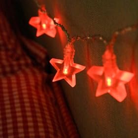 Battery Operated Fairy Lights, 10 Bulbs Red Flat Star LED.