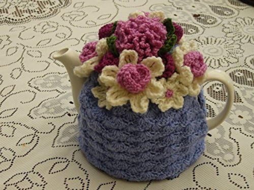 Crochet Tea Cozy in Lilac with Flowers to fit 4-6 Cup Size Teapot. Made to Order