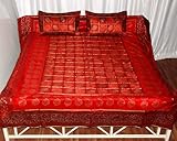 Beautiful Golden Hand Block Print Silk Bedspread with Pillow Covers Bed She ....